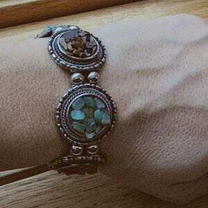 Vintage Mixed Stone Chips Stretch Silver Tone Bracelet